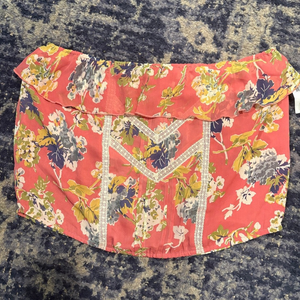 Denim & Supply Ralph Lauren Tube Top Women Large Pink Floral Lace Ruffle Sheer